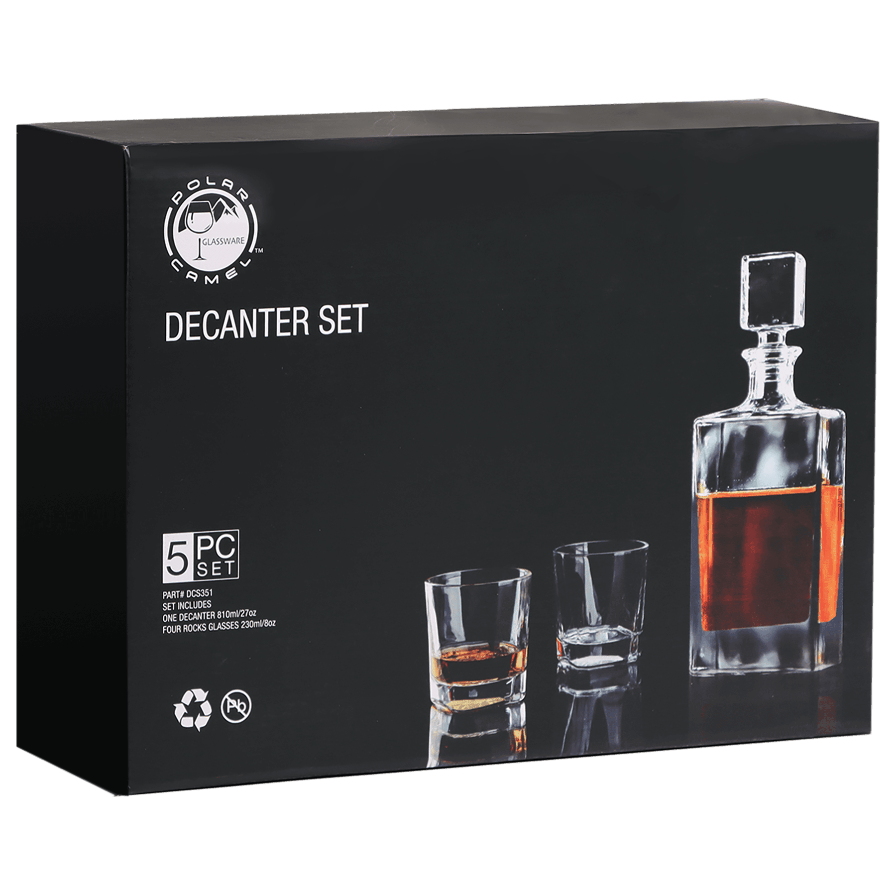 Polar Camel 810 mL Rectangle Glass Decanter Set with Four 8 oz. Rocks Glasses