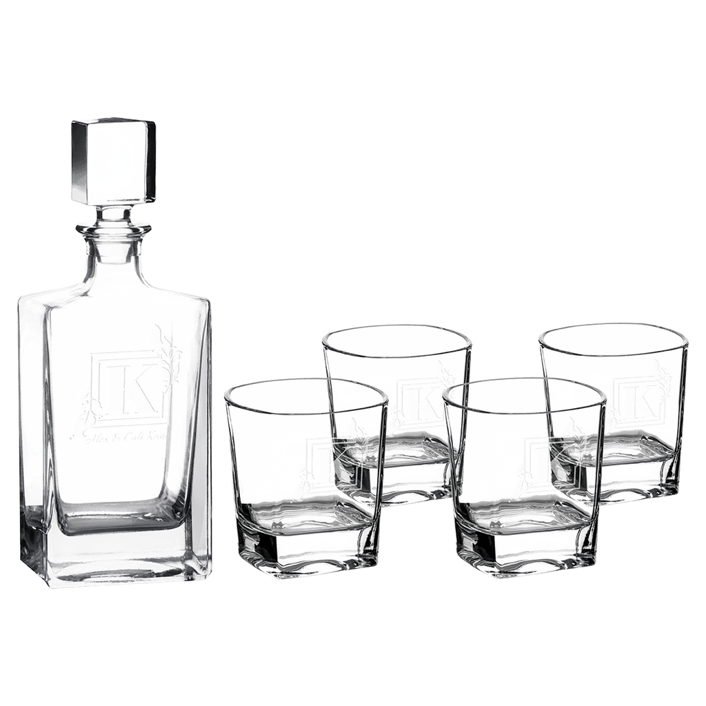 Polar Camel 810 mL Rectangle Glass Decanter Set with Four 8 oz. Rocks Glasses